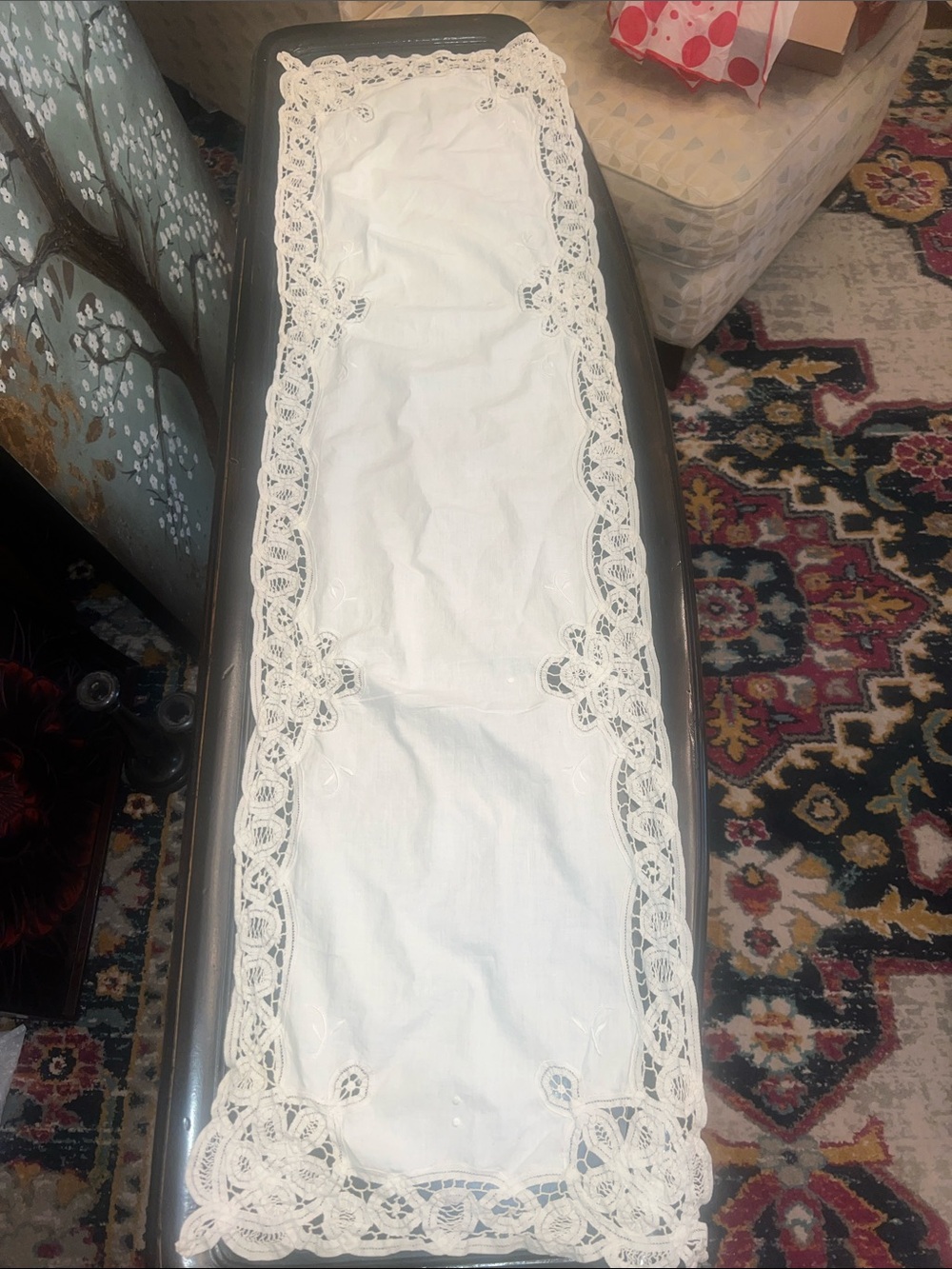 Ivory Lace-Trim antique table runner -hand made